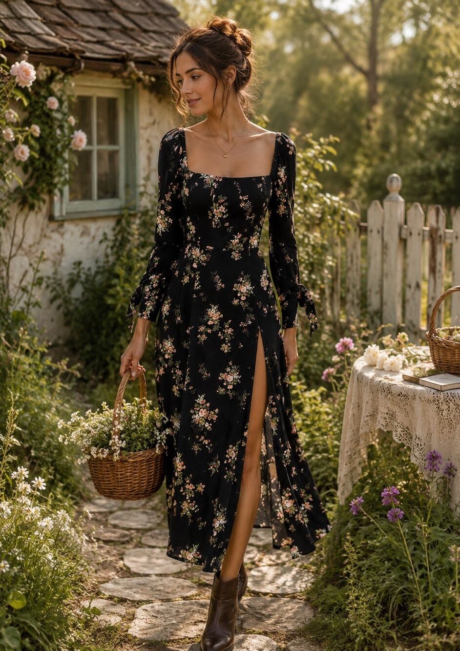 Reformation Aubrey Black Floral Midi Dress Cottagecore Square Neck Slit Size 0